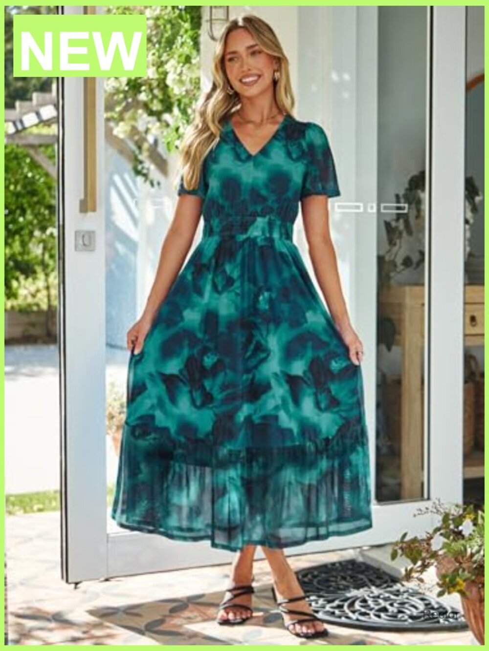 Vintage Floral Maxi Dress Wedding Guest Boho V Neck Short Sleeve Smocked Waist - Picture 3 of 7
